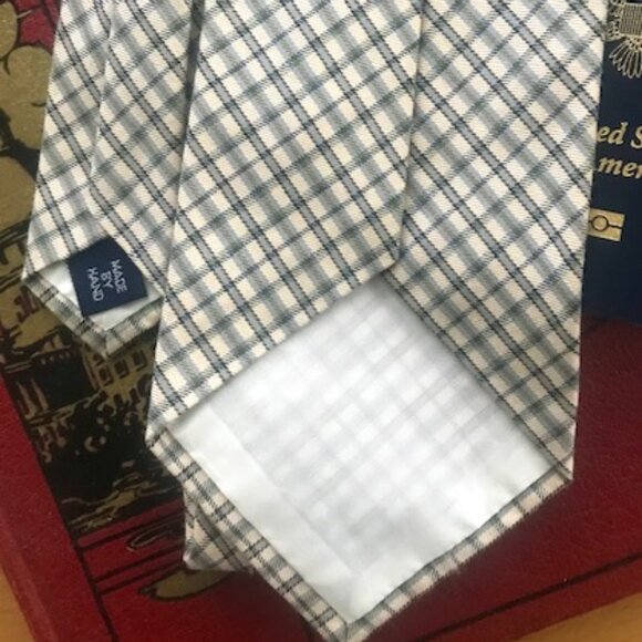 POLO BY RALPH LAUREN HANDMADE VINTAGE MEN'S TIE- COTTON IVORY GREEN BLUE PLAID - Picture 5 of 7
